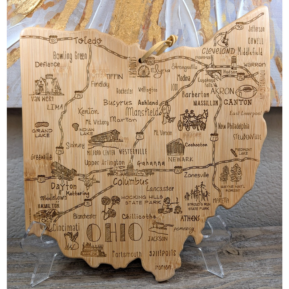 Ohio State Bamboo Cutting Board Wall Hanging Engraved Map Columbus Cleveland